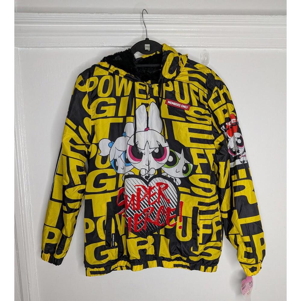 Members Only Jacket Mens Large Yellow Powerpuff Girls Hooded Faux Fur Lined
